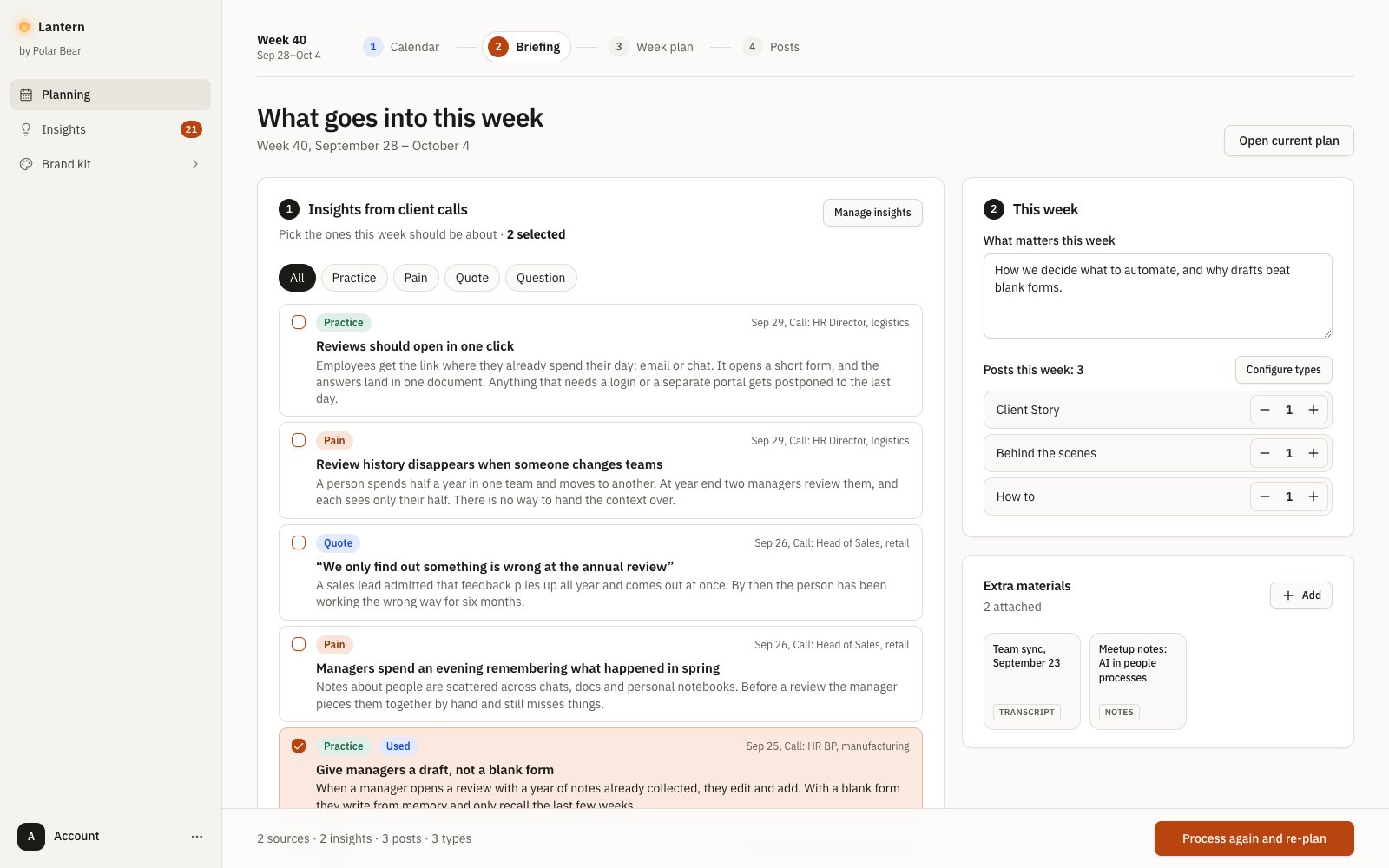 Lantern’s Briefing screen, with selected source material, topic guidance and post counts by type.