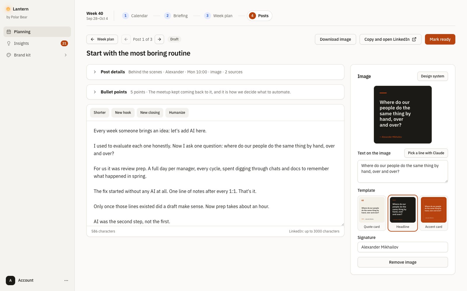 Lantern’s draft editor, with the post text, rewrite buttons and the post image.